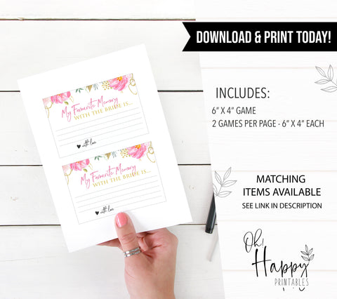 favorite memory of the bride, favors table signs,  printable bridal shower games, blush floral bridal shower games, fun bridal shower games