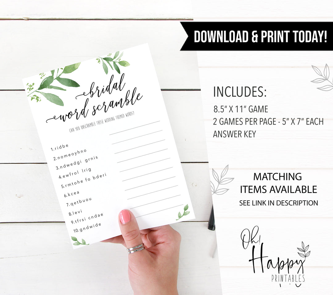 bridal word scramble game, greenery bridal shower, fun bridal shower games, bachelorette party games, floral bridal games, hen party ideas