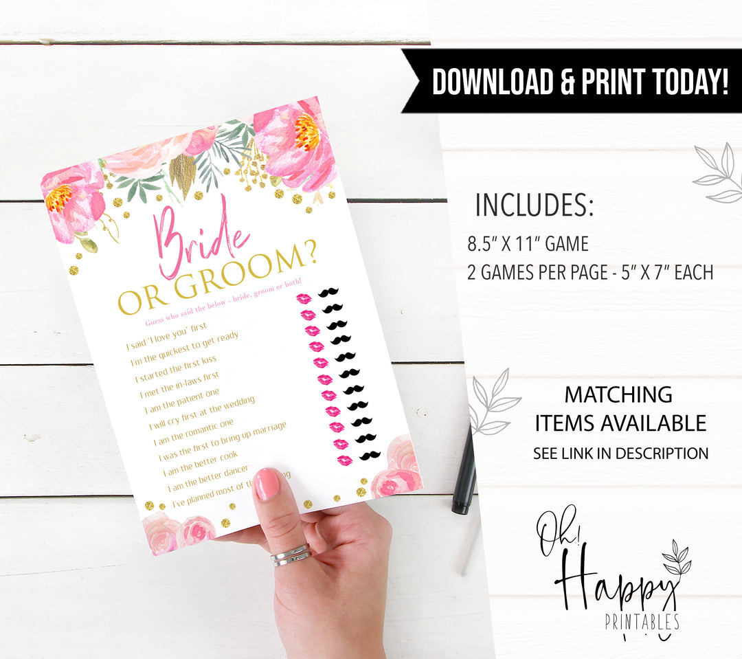 he said she said, printable bridal shower games, blush floral bridal shower games, fun bridal shower games