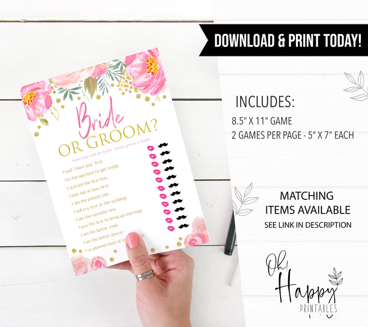 he said she said, printable bridal shower games, blush floral bridal shower games, fun bridal shower games
