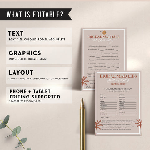 Fully editable and printable bridal shower love story mad libs game with a Palm Springs design. Perfect for a Palm Springs bridal shower themed party
