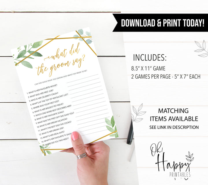 what did the groom say game, bridal shower games, floral bridal shower games, gold bridal shower games, printable baby shower games
