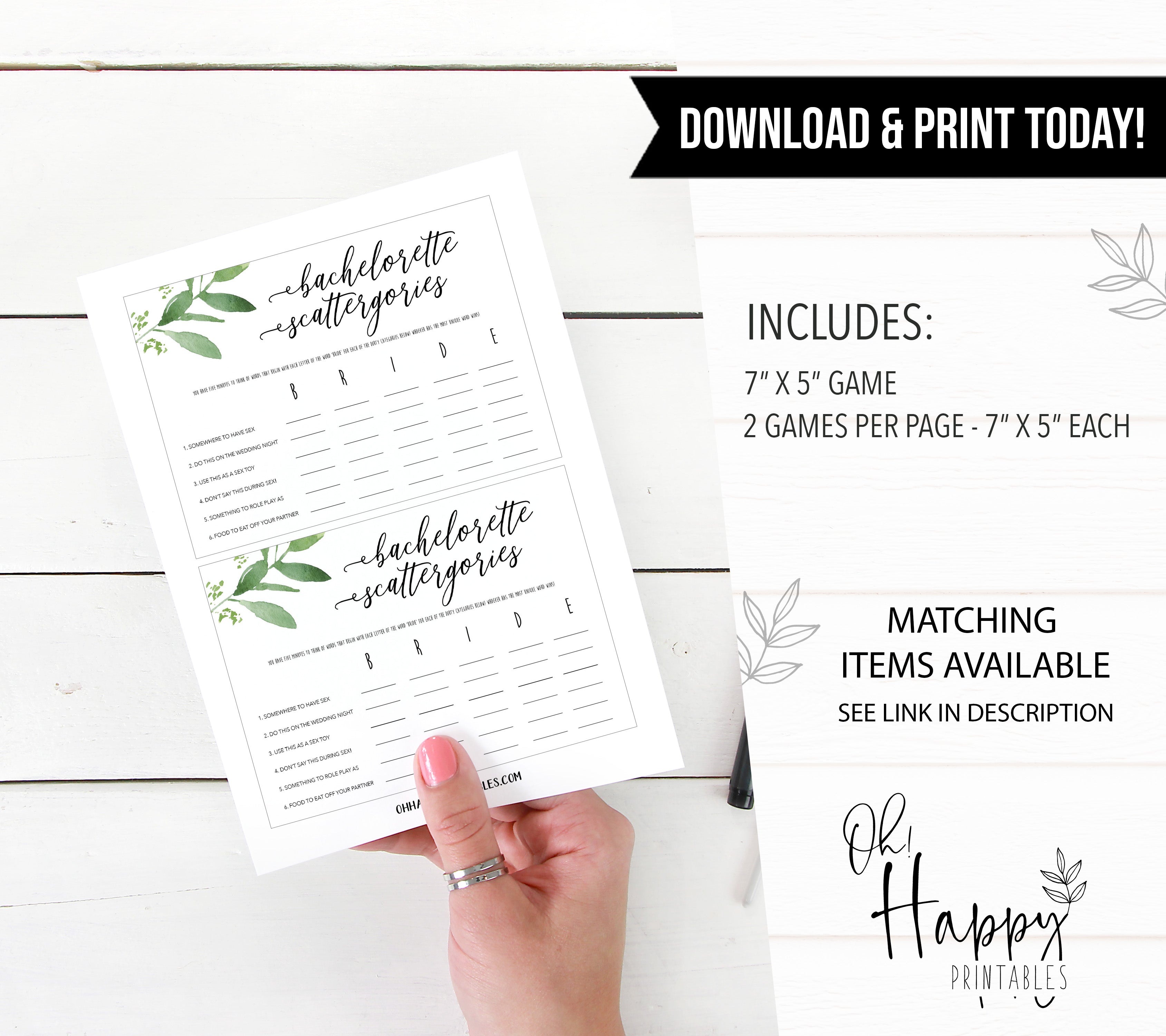 bachelorette scattergories game, greenery bridal shower, fun bridal shower games, bachelorette party games, floral bridal games, hen party ideas