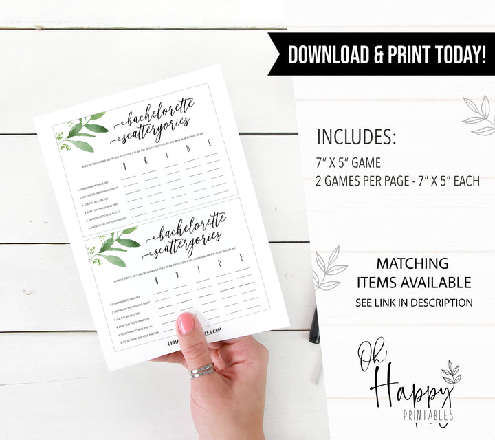bachelorette scattergories game, greenery bridal shower, fun bridal shower games, bachelorette party games, floral bridal games, hen party ideas