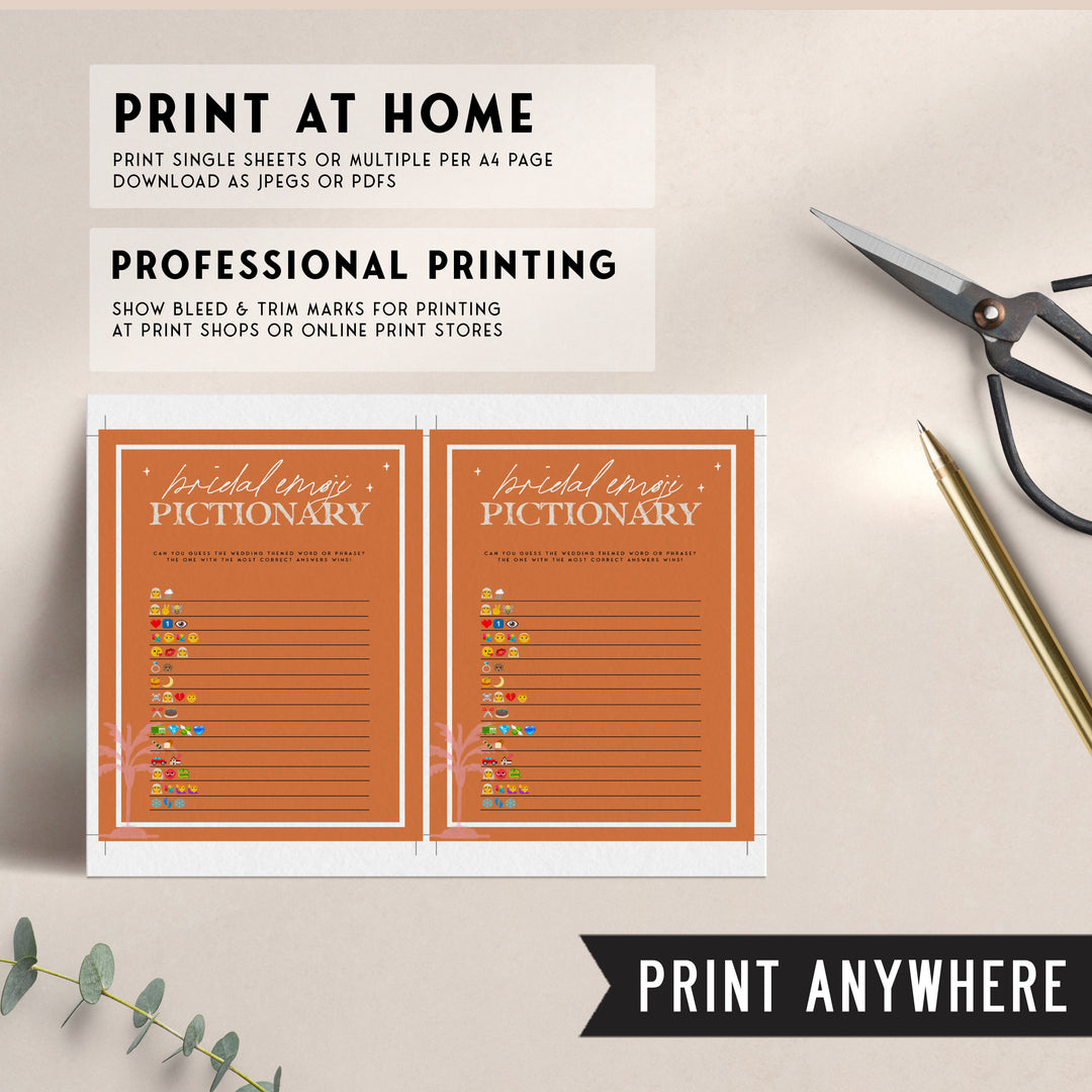 Fully editable and printable bridal shower emoji pictionary game with a Palm Springs design. Perfect for a Palm Springs bridal shower themed party