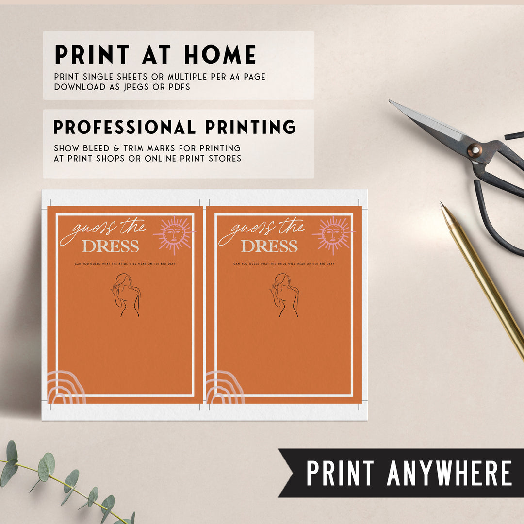 Fully editable and printable bridal shower guess the dress game with a Palm Springs design. Perfect for a Palm Springs bridal shower themed party