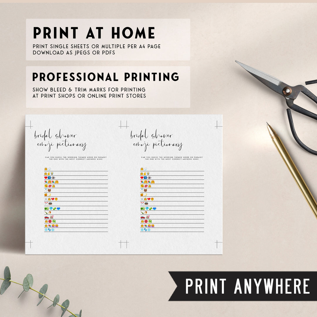 Fully editable and printable bridal shower emoji pictionary game with a modern minimalist design. Perfect for a modern simple bridal shower themed party