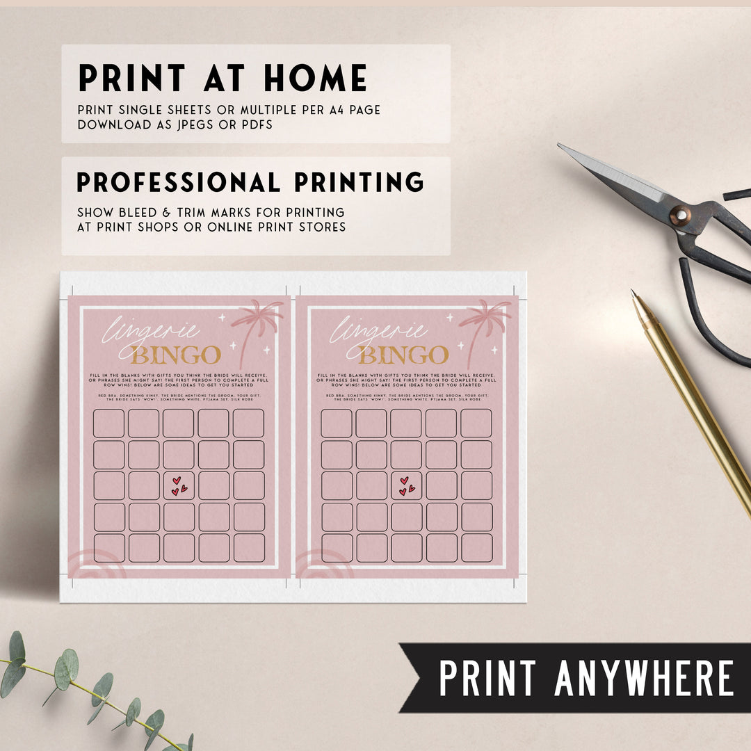 Fully editable and printable bridal shower lingerie bingo game with a Palm Springs design. Perfect for a Palm Springs bridal shower themed party