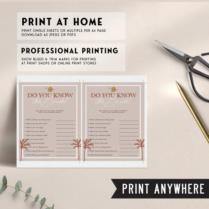 Fully editable and printable bridal shower do you know the bride game with a Palm Springs design. Perfect for a Palm Springs bridal shower themed party