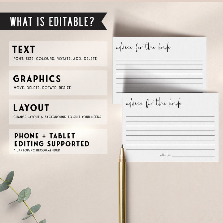 Fully editable and printable bridal shower advice for the bride game with a modern minimalist design. Perfect for a modern simple bridal shower themed party