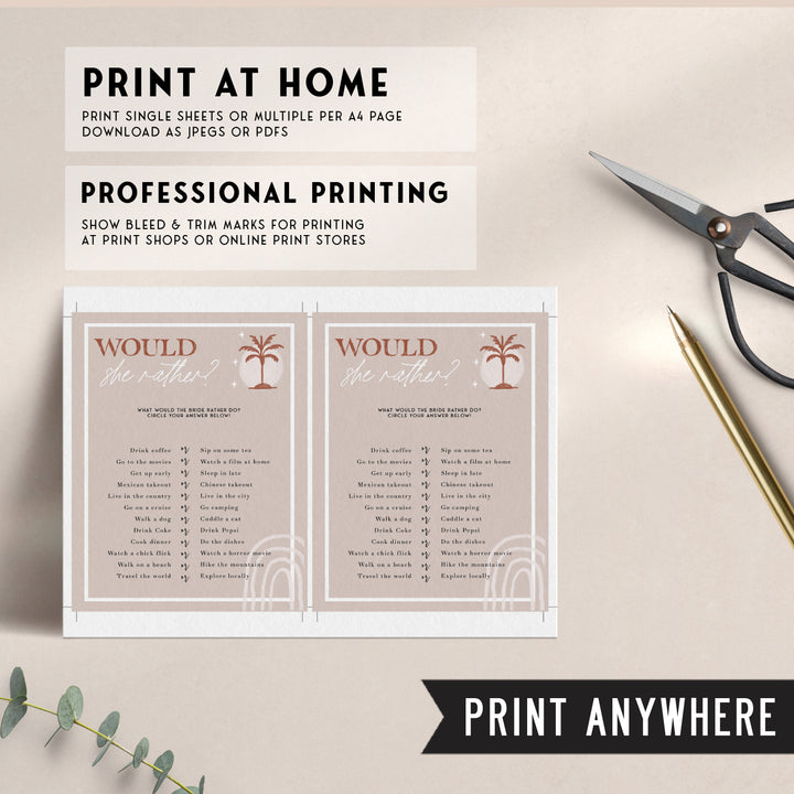 Fully editable and printable bridal shower would she rather game with a Palm Springs design. Perfect for a Palm Springs bridal shower themed party