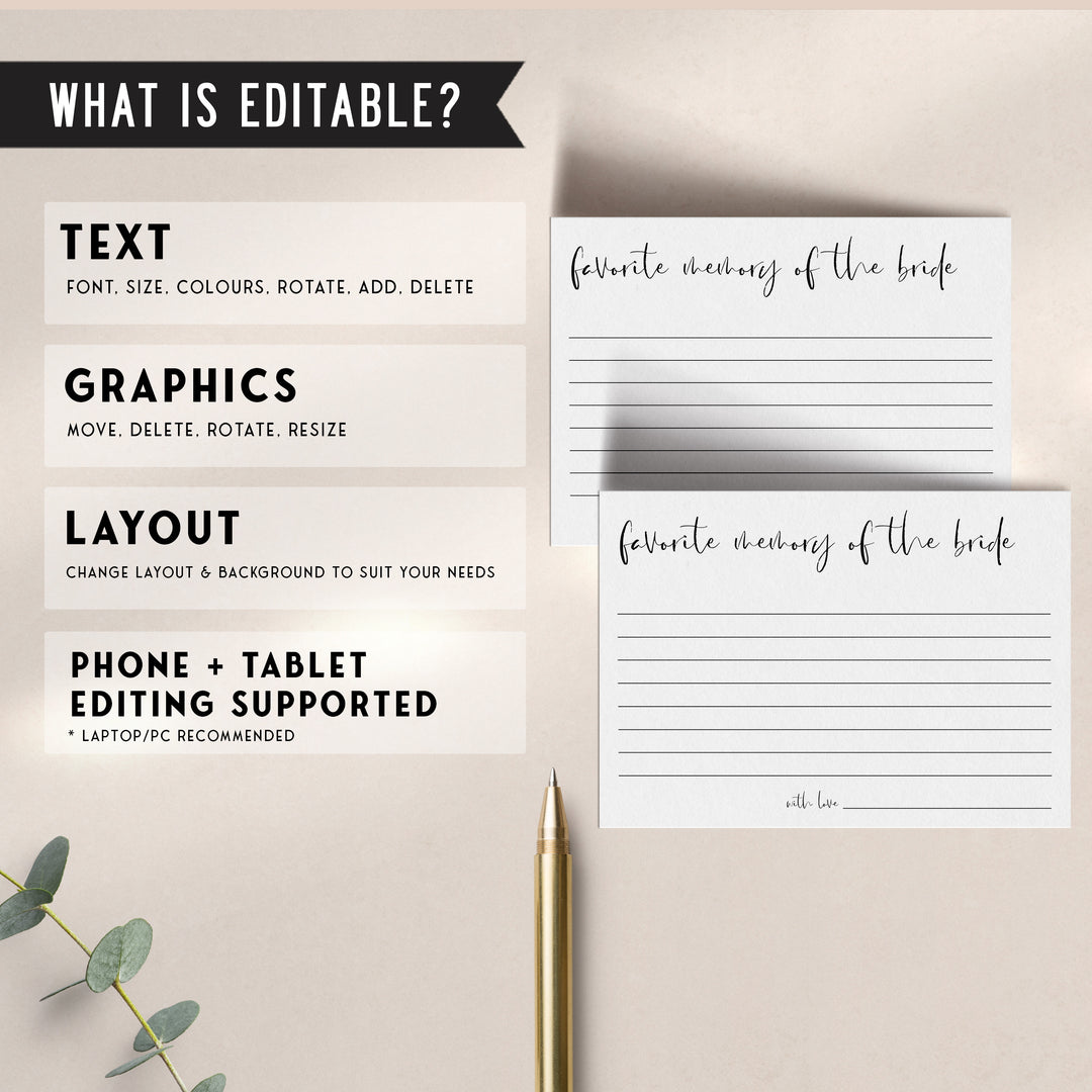 Fully editable and printable bridal shower favorite memory with the bride game with a modern minimalist design. Perfect for a modern simple bridal shower themed party