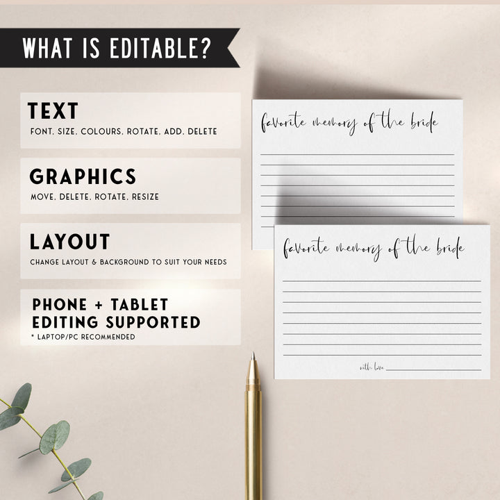 Fully editable and printable bridal shower favorite memory with the bride game with a modern minimalist design. Perfect for a modern simple bridal shower themed party