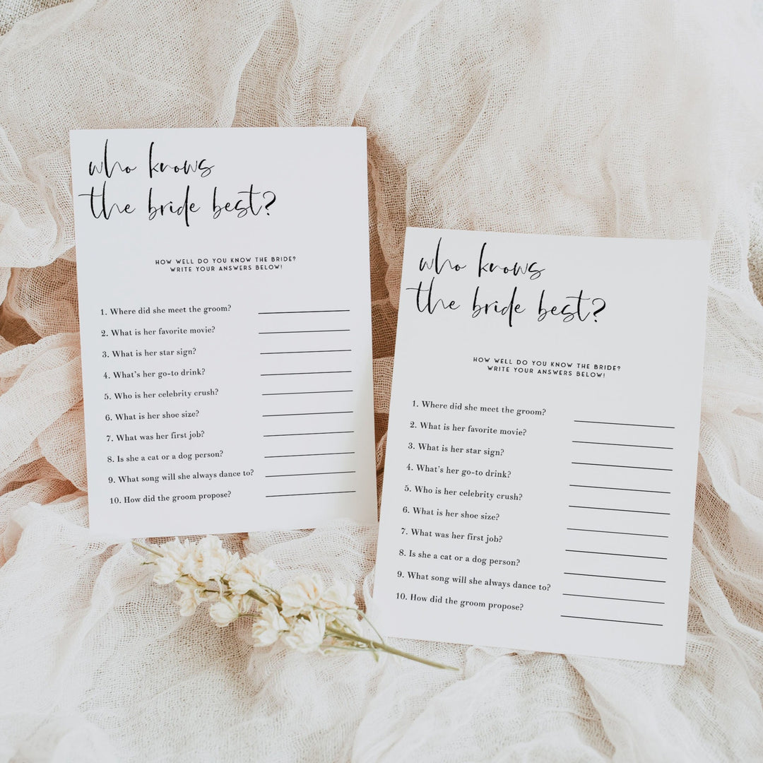Fully editable and printable bridal shower do you know the bride game with a modern minimalist design. Perfect for a modern simple bridal shower themed party