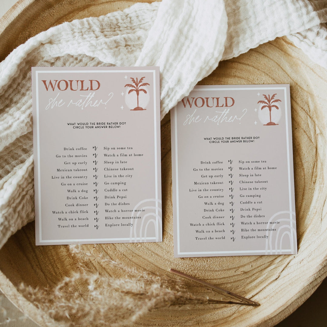 Fully editable and printable bridal shower would she rather game with a Palm Springs design. Perfect for a Palm Springs bridal shower themed party