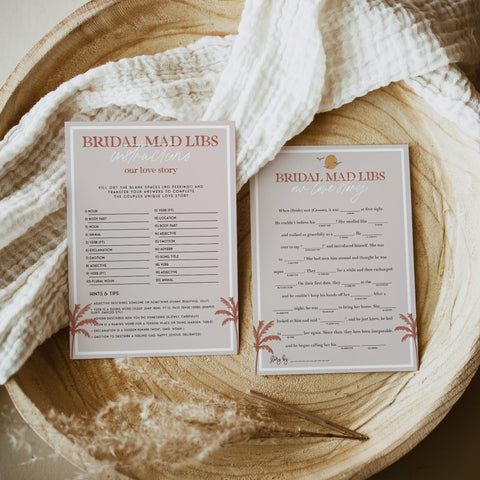 Fully editable and printable bridal shower love story mad libs game with a Palm Springs design. Perfect for a Palm Springs bridal shower themed party