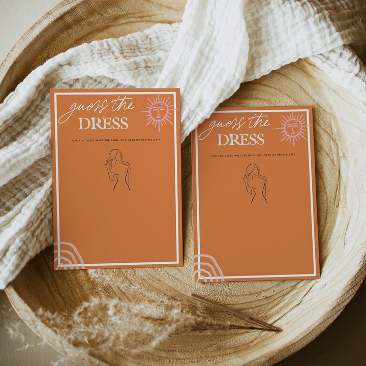 Fully editable and printable bridal shower guess the dress game with a Palm Springs design. Perfect for a Palm Springs bridal shower themed party
