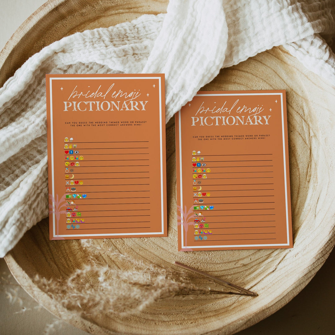 Fully editable and printable bridal shower emoji pictionary game with a Palm Springs design. Perfect for a Palm Springs bridal shower themed party