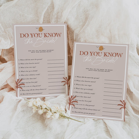 Fully editable and printable bridal shower do you know the bride game with a Palm Springs design. Perfect for a Palm Springs bridal shower themed party