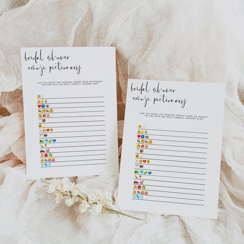 Fully editable and printable bridal shower emoji pictionary game with a modern minimalist design. Perfect for a modern simple bridal shower themed party