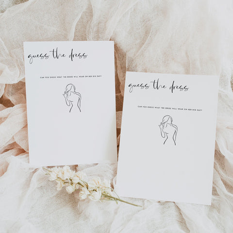 Fully editable and printable bridal shower guess the dress game with a modern minimalist design. Perfect for a modern simple bridal shower themed party