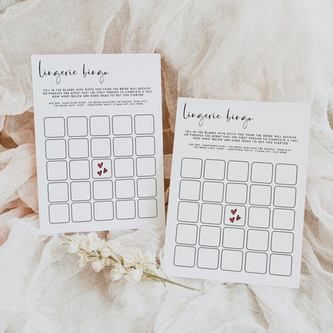 Fully editable and printable bridal shower lingerie bingo game with a modern minimalist design. Perfect for a modern simple bridal shower themed party