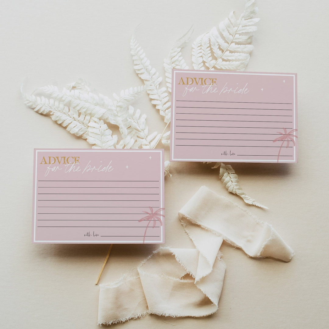Fully editable and printable bridal shower advice for the bride game with a Palm Springs design. Perfect for a Palm Springs bridal shower themed party
