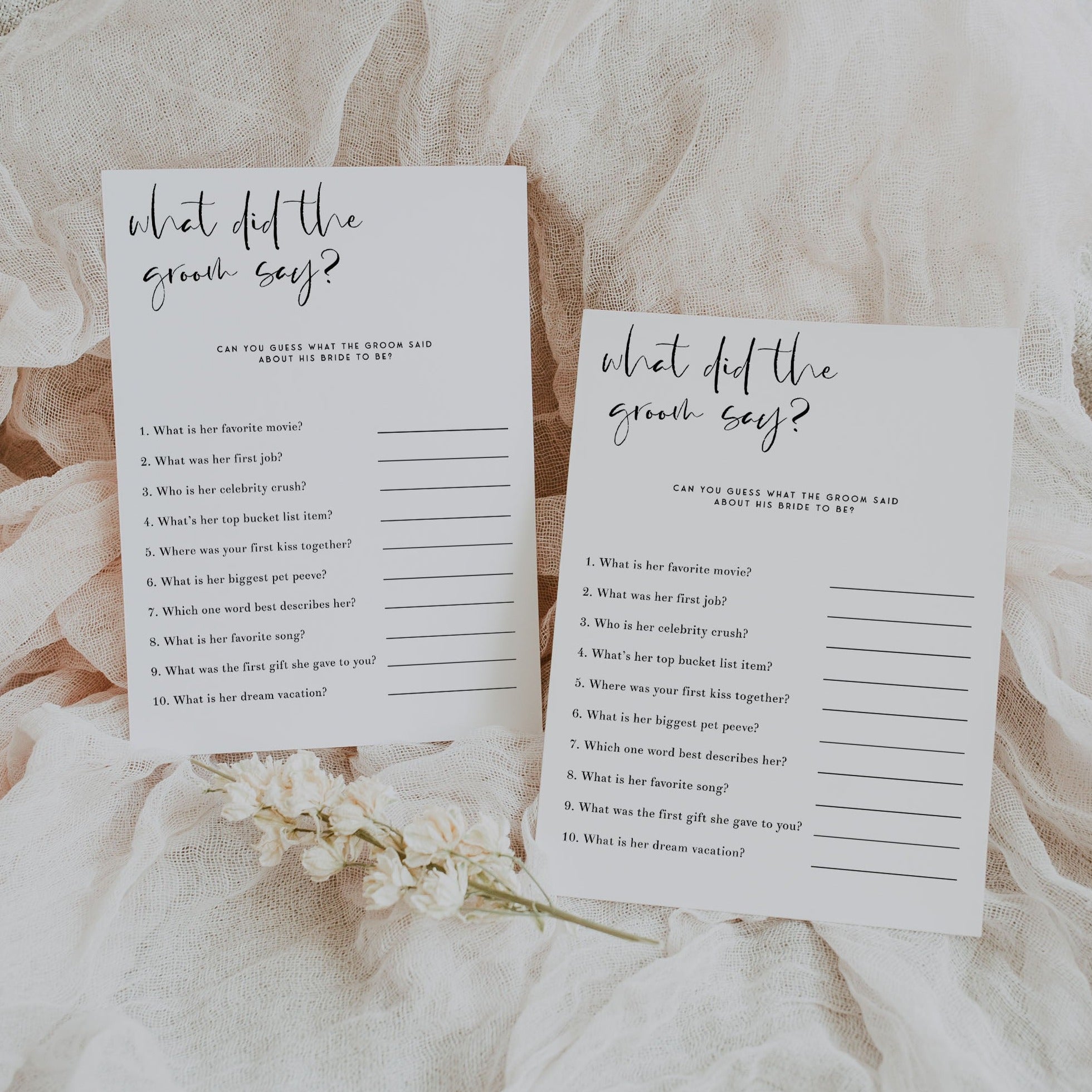 Fully editable and printable bridal shower what did the groom say game with a modern minimalist design. Perfect for a modern simple bridal shower themed party