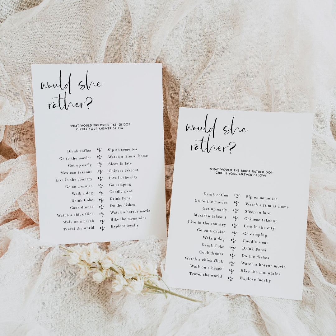 Fully editable and printable bridal shower would she rather game with a modern minimalist design. Perfect for a modern simple bridal shower themed party