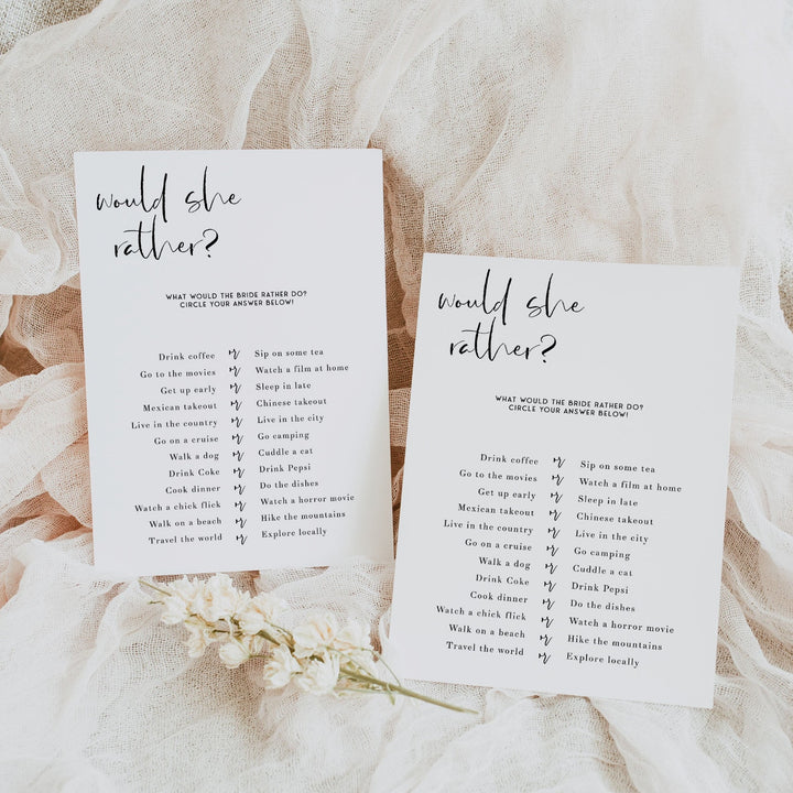 Fully editable and printable bridal shower would she rather game with a modern minimalist design. Perfect for a modern simple bridal shower themed party