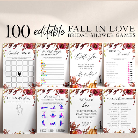 Fully editable and printable 100 bridal shower games with a Fall design. Perfect for a fall floral bridal shower