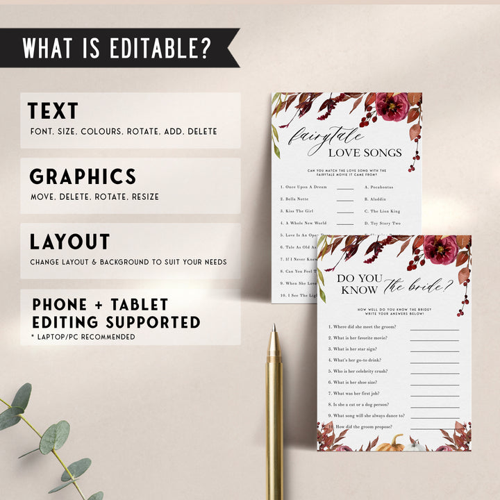 100 EDITABLE Bridal Shower Games - Fall