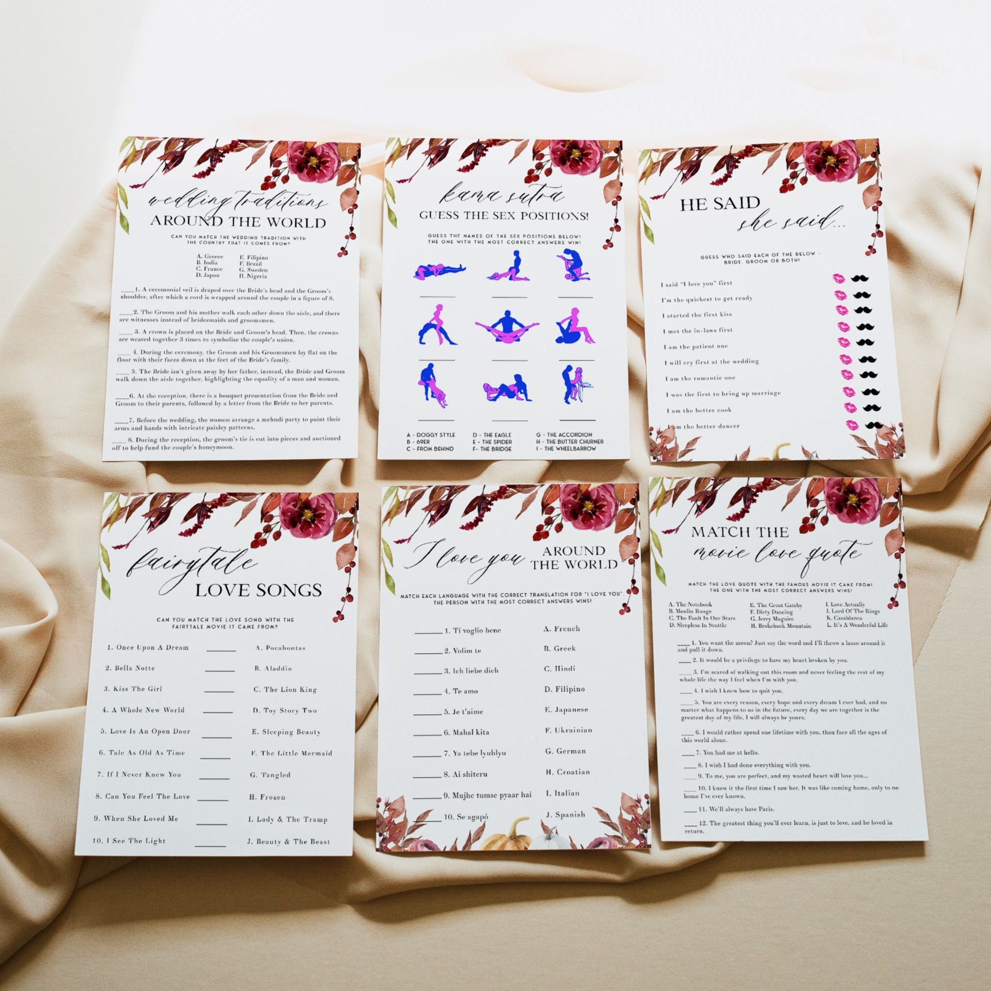 Fully editable and printable 100 bridal shower games with a Fall design. Perfect for a fall floral bridal shower