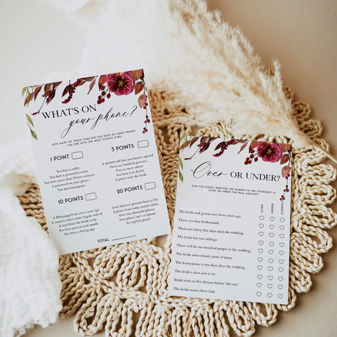 Fully editable and printable 100 bridal shower games with a Fall design. Perfect for a fall floral bridal shower
