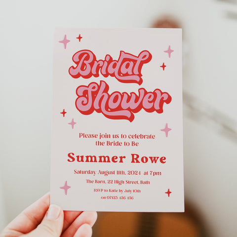 editable 70s style bridal shower invitation. Fully editable bridal shower invitation to be printed at home or printed with a print shop