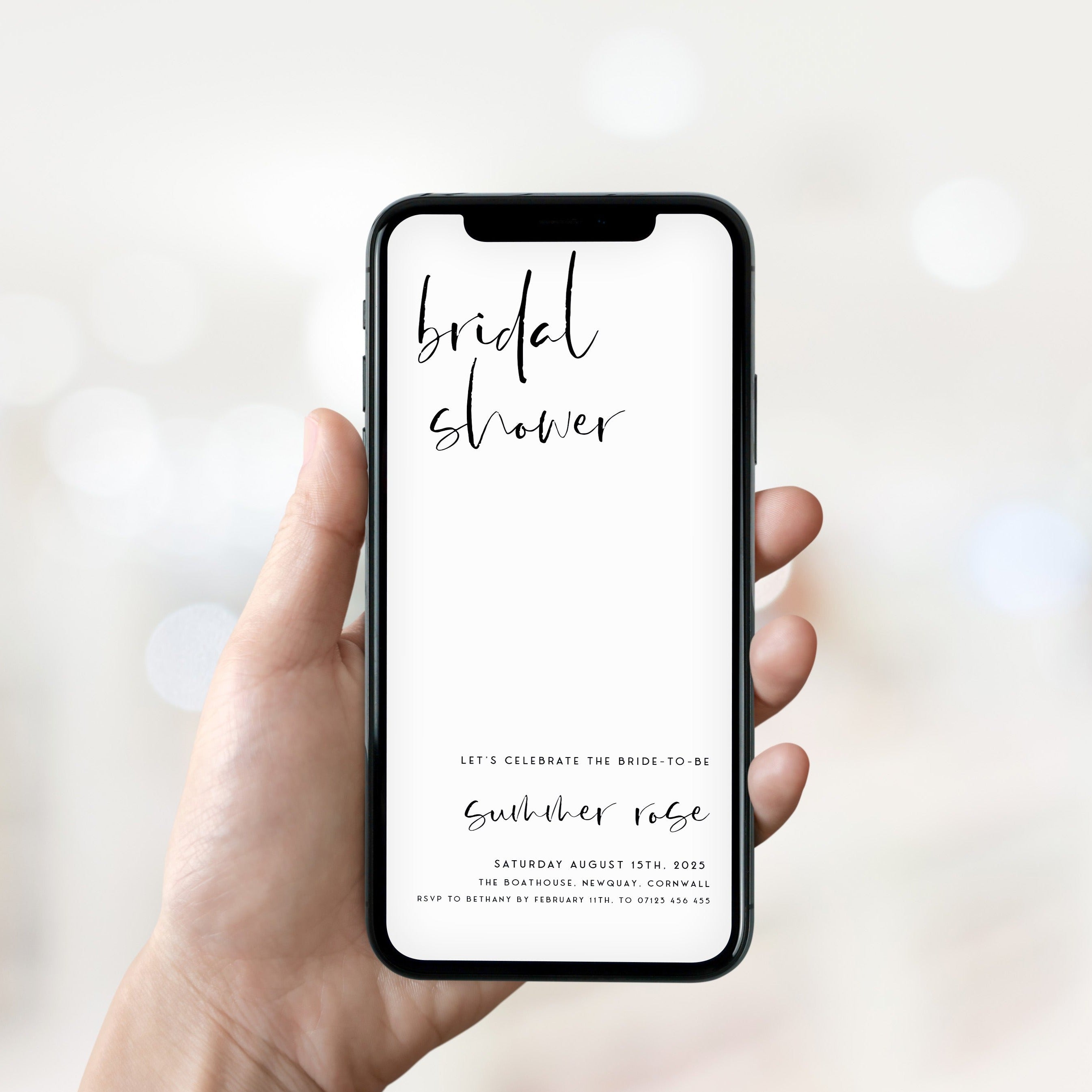 Fully editable and printable bridal shower mobile invitation with a modern minimalist design. Perfect for a modern simple bridal shower themed party