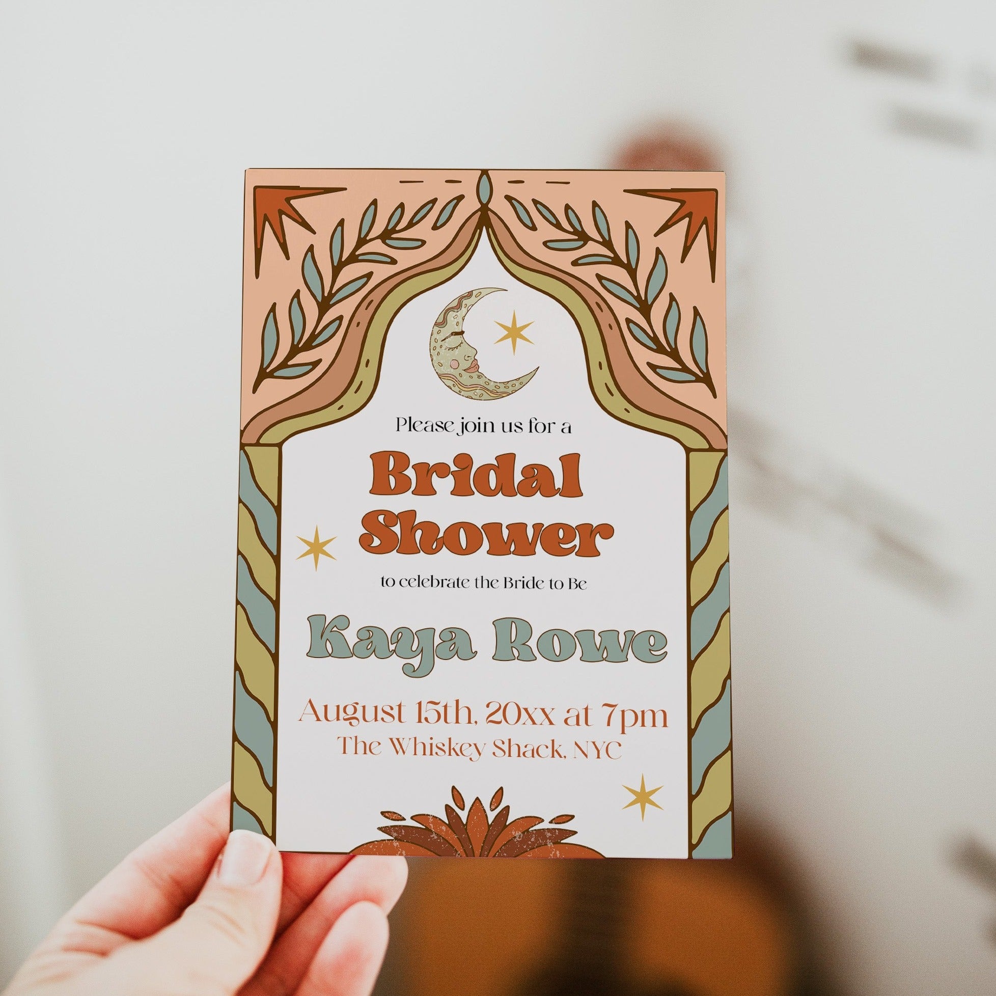 60s Gypsy Boho-inspired editable bridal shower invitation is the perfect way to add a touch of free-spirited charm to your special day