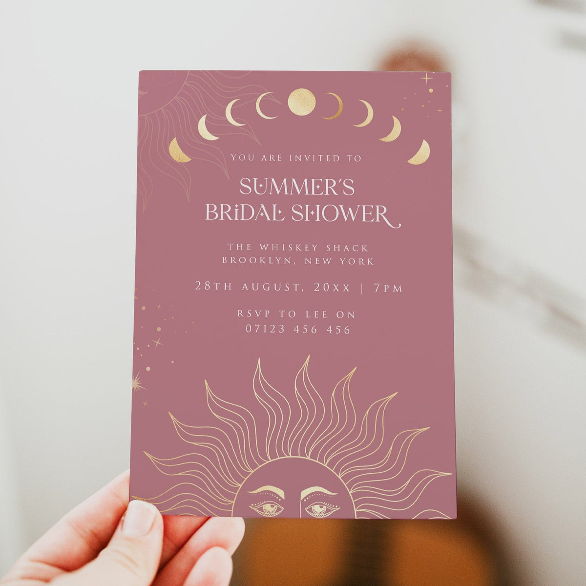 Fully editable and printable bridal shower invitation with a celestial design. Perfect for a celestial bridal shower themed party