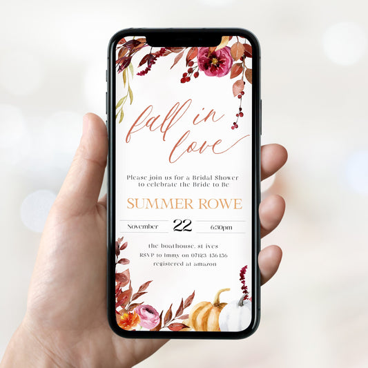 Fully editable mobile bridal shower invitation with a Fall design. Perfect for a fall floral bridal shower