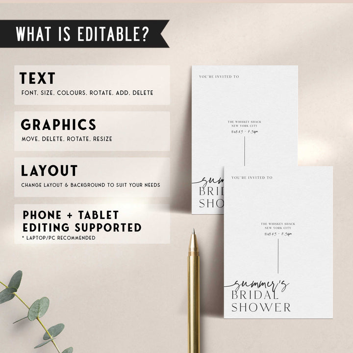 Fully editable, printable and mobile bachelorette invitation and welcome signs with a modern minimalist design. Perfect for a modern minimalist Bachelorette themed party