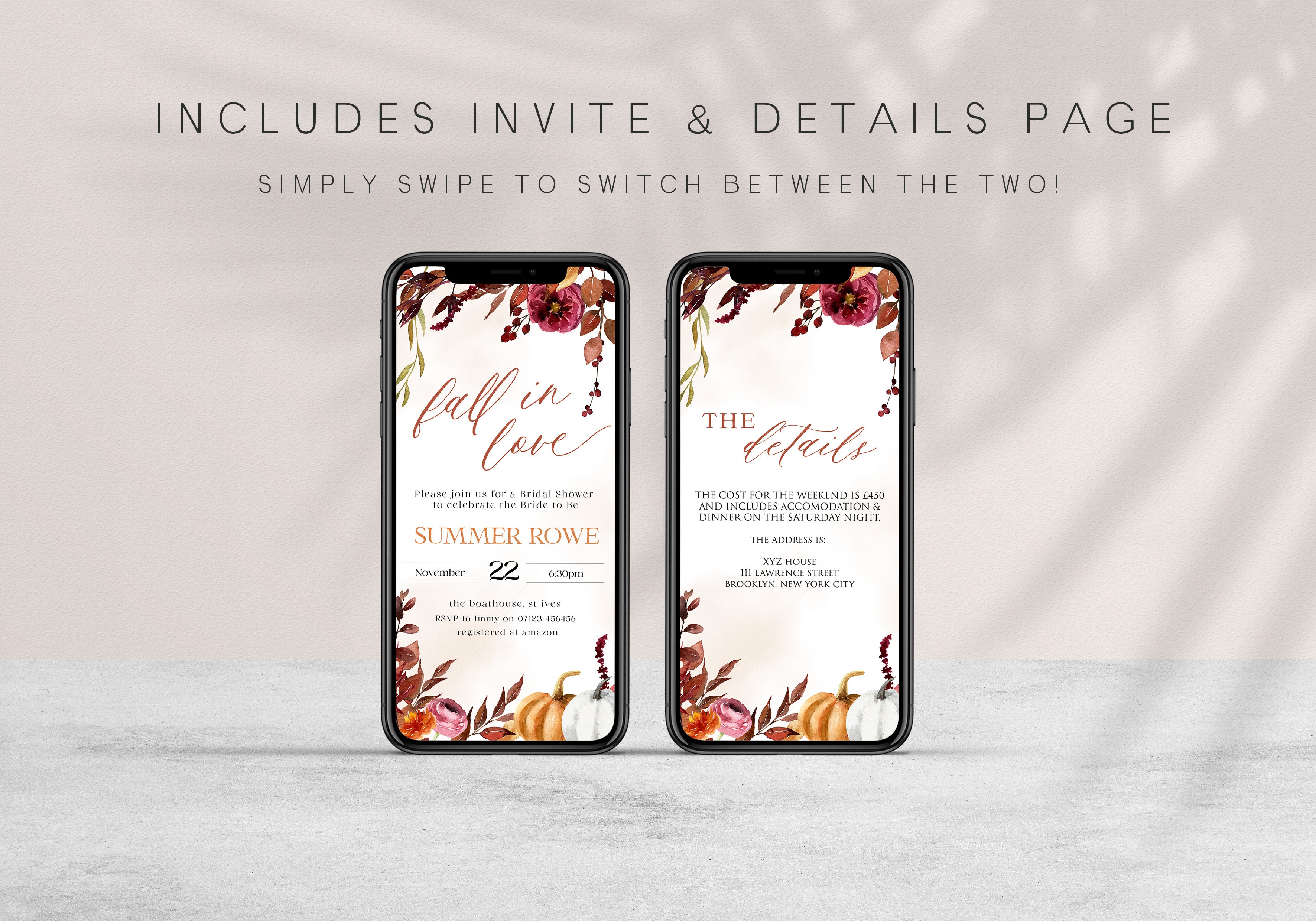 Fully editable mobile bridal shower invitation with a Fall design. Perfect for a fall floral bridal shower