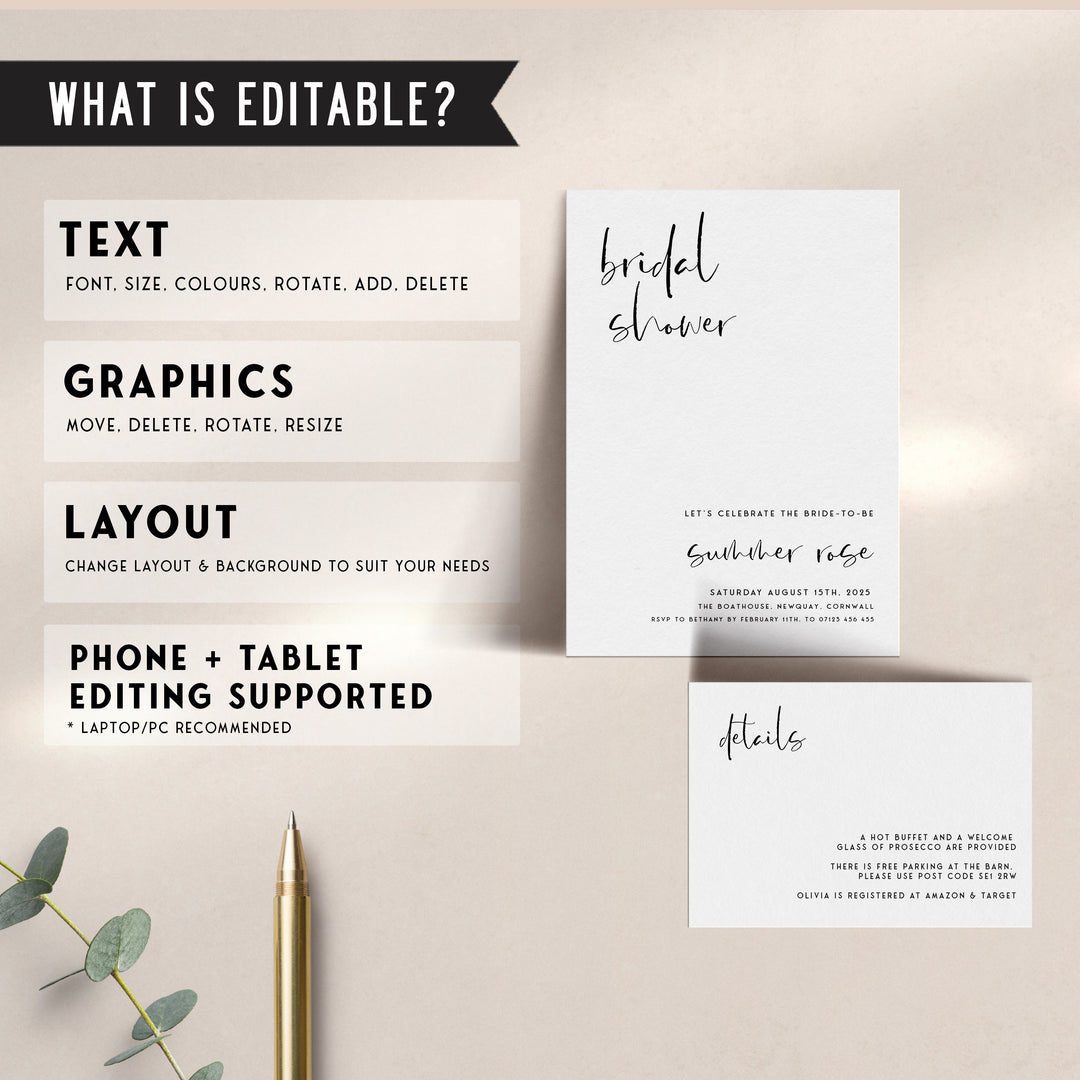 Fully editable and printable bridal shower invitation with a modern minimalist design. Perfect for a modern simple bridal shower themed party