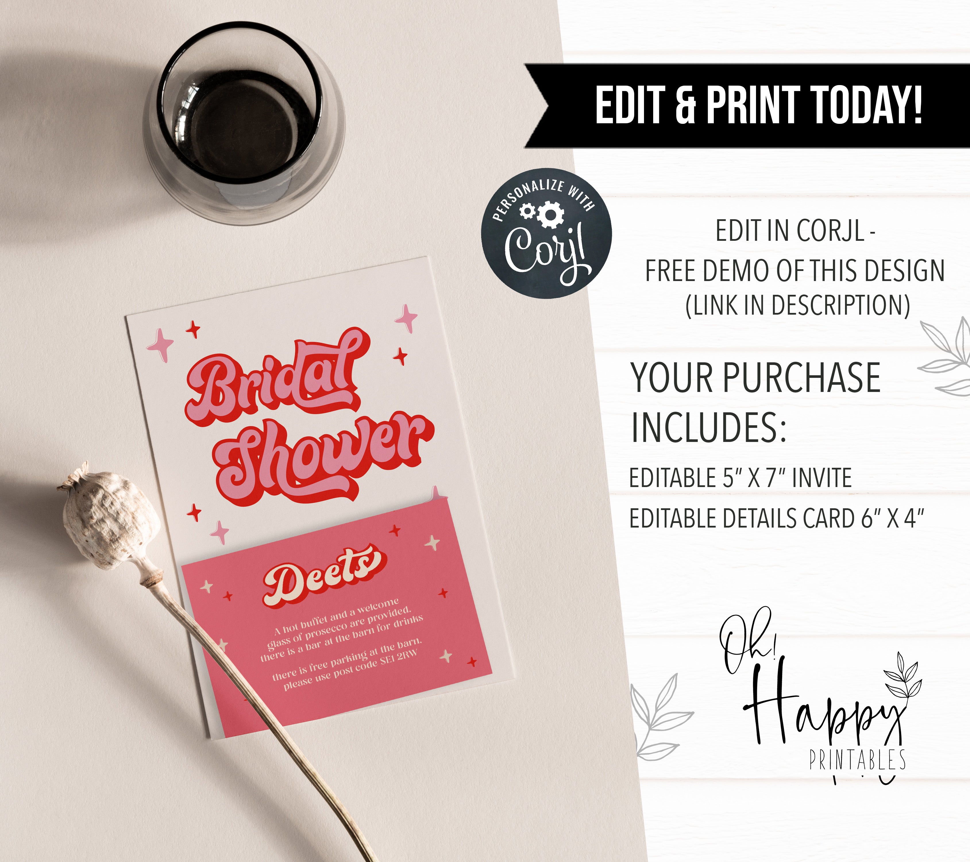 editable 70s style bridal shower invitation. Fully editable bridal shower invitation to be printed at home or printed with a print shop