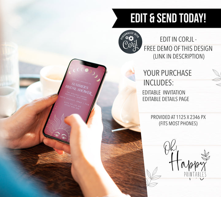Fully editable and printable bridal shower mobile invitation with a celestial design. Perfect for a celestial bridal shower themed party