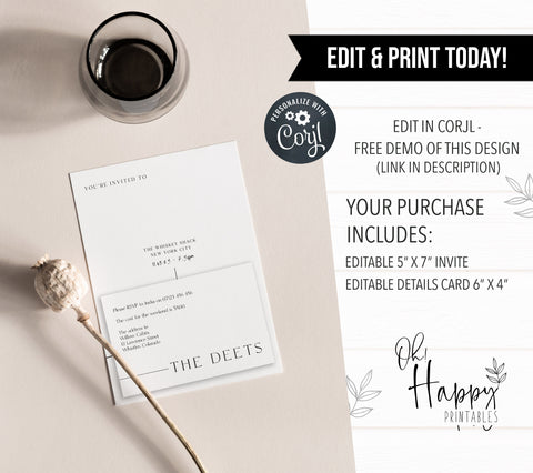 Fully editable, printable and mobile bachelorette invitation and welcome signs with a modern minimalist design. Perfect for a modern minimalist Bachelorette themed party