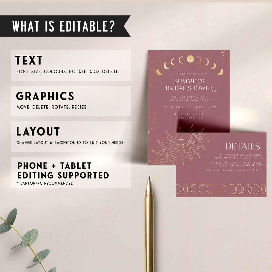 Fully editable and printable bridal shower invitation with a celestial design. Perfect for a celestial bridal shower themed party