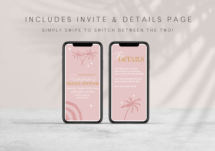 Fully editable and printable bridal shower invitation suite with a Palm Springs design. Perfect for a Palm Springs bridal shower themed party
