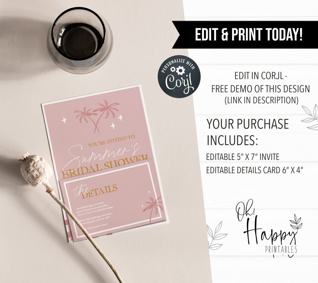 Fully editable and printable bridal shower invitation with a Palm Springs design. Perfect for a Palm Springs bridal shower themed party