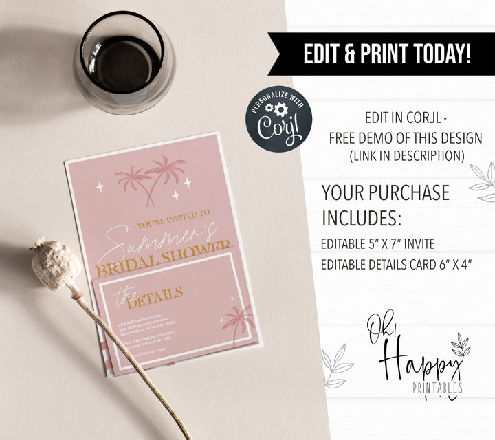 Fully editable and printable bridal shower invitation with a Palm Springs design. Perfect for a Palm Springs bridal shower themed party