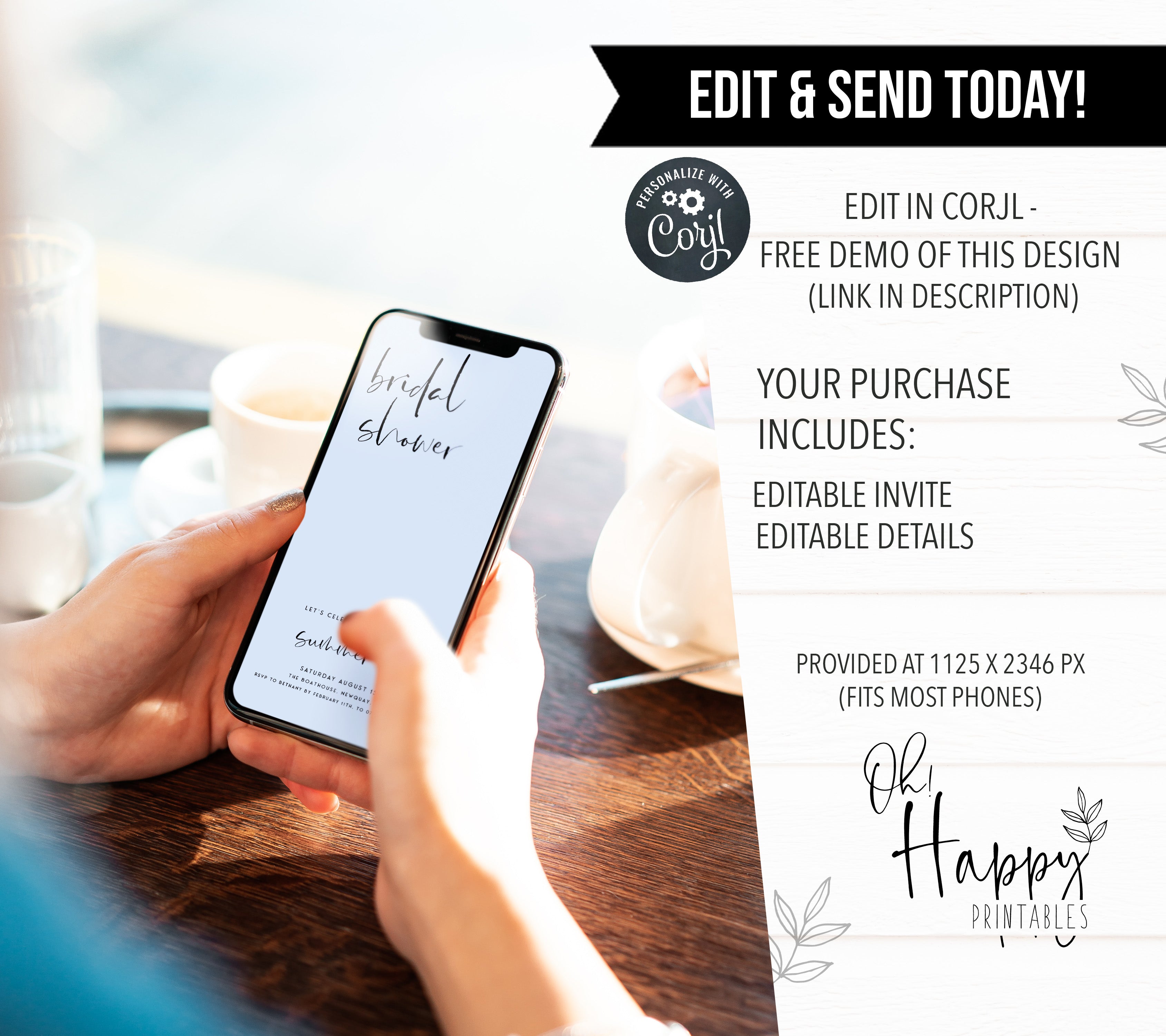 Fully editable and printable bridal shower mobile invitation with a modern minimalist design. Perfect for a modern simple bridal shower themed party